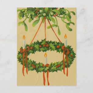 Vintage Christmas Wreath Chandelier Holiday Postcard