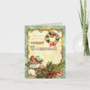 Vintage Christmas Wreath, holly and birds Card
