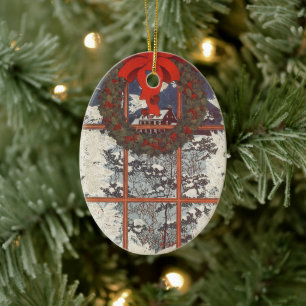 Vintage Christmas Wreath in a Window with Snow Ceramic Tree Decoration