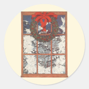 Vintage Christmas Wreath in a Window with Snow Classic Round Sticker