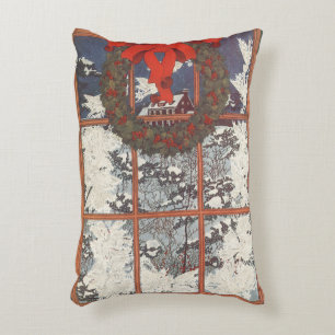Vintage Christmas Wreath in a Window with Snow Decorative Cushion