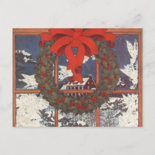 Vintage Christmas Wreath in a Window with Snow Holiday Postcard