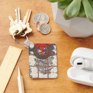 Vintage Christmas Wreath in a Window with Snow Key Ring