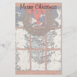 Vintage Christmas Wreath in a Window with Snow Stationery