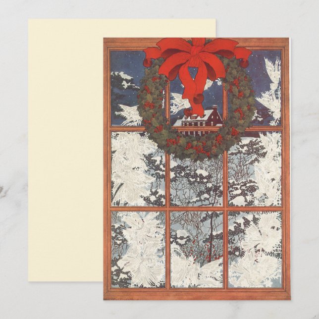 Vintage Christmas Wreath in Window Invitation (Front/Back)