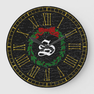 Vintage Christmas Wreath Monogram Large Clock