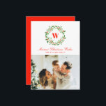 Vintage Christmas Wreath Monogram Photo Holiday Card<br><div class="desc">An elegant wreath of holly and mistletoe accents family name one letter monogram on this single landscape photo Christmas holiday card in classic shades of red and green. Add a longer custom message to the backer of the card for greater personalisation options and make your card truly one of a...</div>