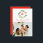 Vintage Christmas Wreath Monogram Photo Holiday Card<br><div class="desc">An elegant wreath of holly and mistletoe accents family name one letter monogram on this single landscape photo Christmas holiday card in classic shades of red and green. Add a longer custom message to the backer of the card for greater personalisation options and make your card truly one of a...</div>