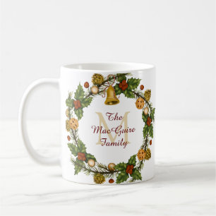 Vintage Christmas Wreath Monogrammed Coffee Mug