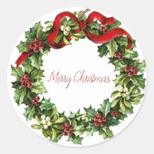 Vintage Christmas wreath pine red retro   Classic  Round Sticker
