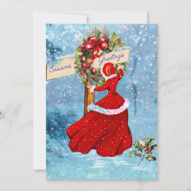 Vintage Christmas wreath red glitter girl holiday  (Front)