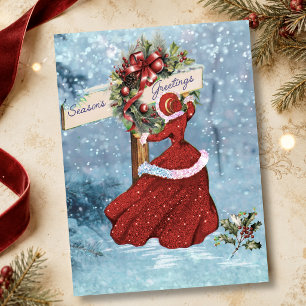 Vintage Christmas wreath red glitter girl Thank You Card