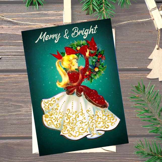 Vintage Christmas wreath red gold glitter girl  Invitation (Creator Uploaded)