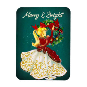Vintage Christmas wreath red gold glitter girl  Magnet