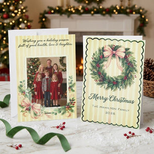 Vintage Christmas Wreath Ribbon Photo Holiday Card