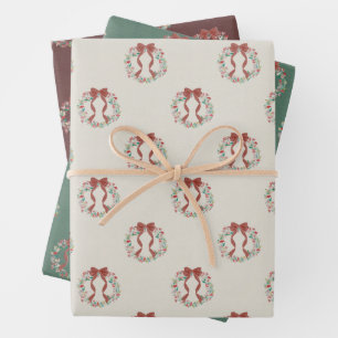 Vintage Christmas Wreath Watercolor Linen (Multi) Wrapping Paper Sheet