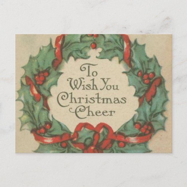 Vintage Christmas Wreath with Wishes Holiday Postcard (Front)