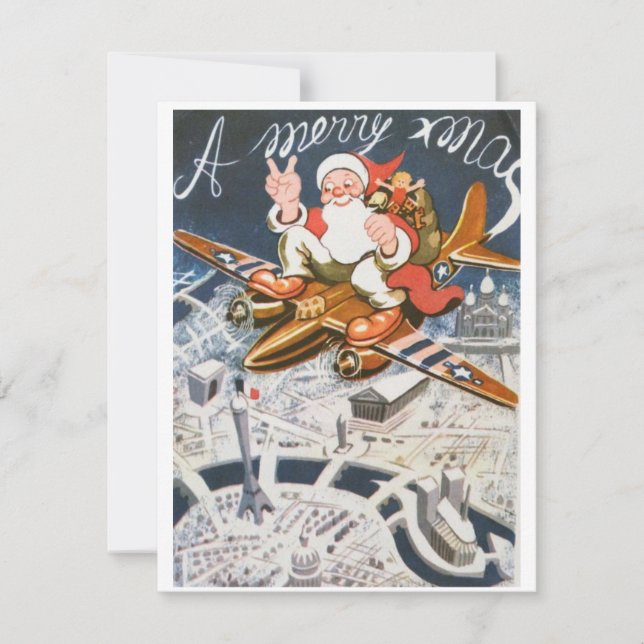 Vintage Christmas WW2 Santa On Plane Holiday Card (Front)