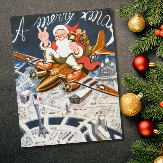 Vintage Christmas WW2 Santa On Plane Holiday Card (Creator Uploaded)
