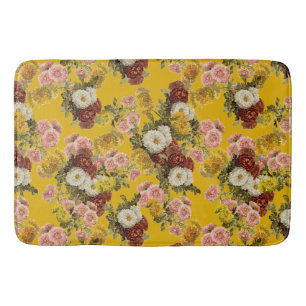 Vintage Chrysanthemum Flowers Mustard Yellow Bath Mat