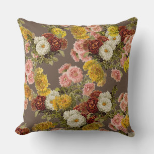 Vintage Chrysanthemum Flowers on Dark Brown Mocha Cushion