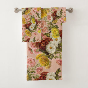 Vintage Chrysanthemum Flowers on Dusty Rose Pink Bath Towel Set
