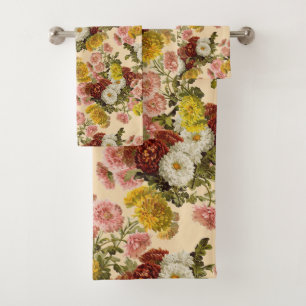 Vintage Chrysanthemum Flowers on Light Pink Tan Bath Towel Set