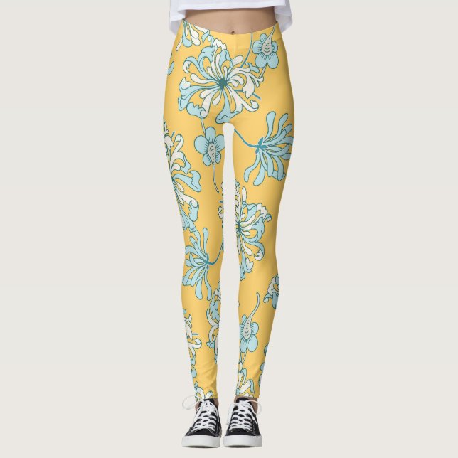 Vintage Chrysanthemum Flowers, Oriental Pattern. Leggings (Front)