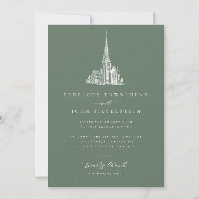 Vintage Church Illustration Sage Green Wedding Invitation (Front)