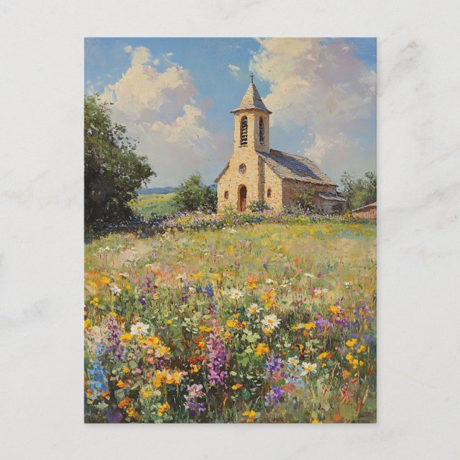 Vintage Church Wildflowers Fine Art Postcard (Front)