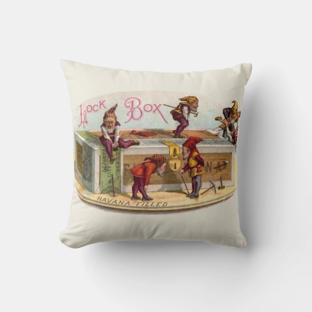 Vintage Cigar Box Gnomes Cushion (Front)