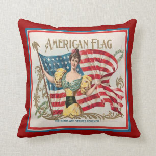 Vintage Cigar Box Label American Flag Cushion