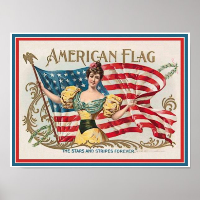 Vintage Cigar Box Label - American Flag Poster (Front)