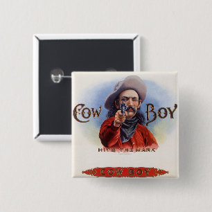 Vintage Cigar Label Art, Cowboy Hits the Mark 15 Cm Square Badge