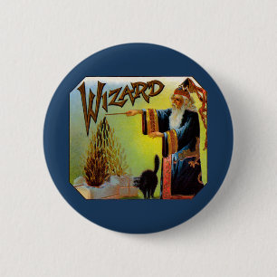 Vintage Cigar Label Art Magic Act, Wizard with Cat 6 Cm Round Badge
