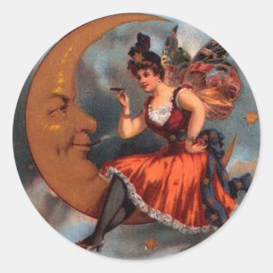 Vintage Cigar Label Art, Victorian Fairy on Moon