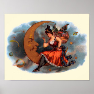 Vintage Cigar Label Art, Victorian Fairy on Moon Poster