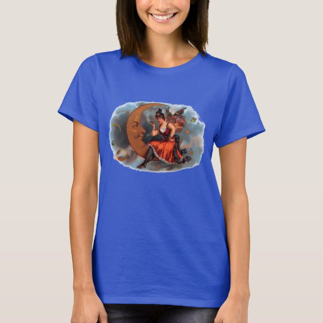 Vintage Cigar Label Art, Victorian Fairy on Moon T-Shirt (Front)