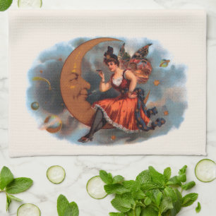 Vintage Cigar Label Art, Victorian Fairy on Moon Tea Towel