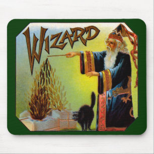 Vintage Cigar Label Art, Wizard with Black Cat Mouse Mat
