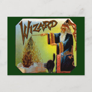 Vintage Cigar Label Art, Wizard with Black Cat Postcard