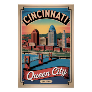Vintage Cincinnati Ohio Queen City Retro Travel Poster