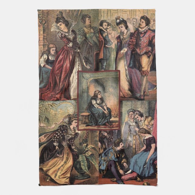 Vintage Cinderella Christmas Montage Tea Towel (Vertical)