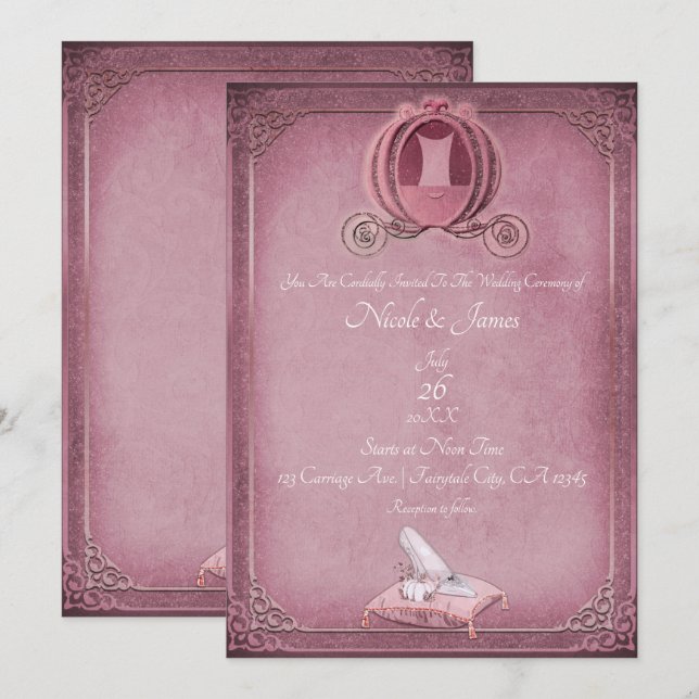 Vintage Cinderella Raspberry & Rose Gold Wedding Invitation (Front/Back)