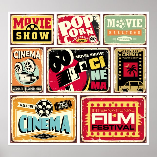 Vintage cinema tin signs collection. Movie industr (Front)