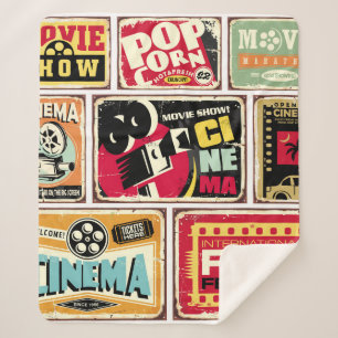 Vintage cinema tin signs collection. Movie industr Sherpa Blanket