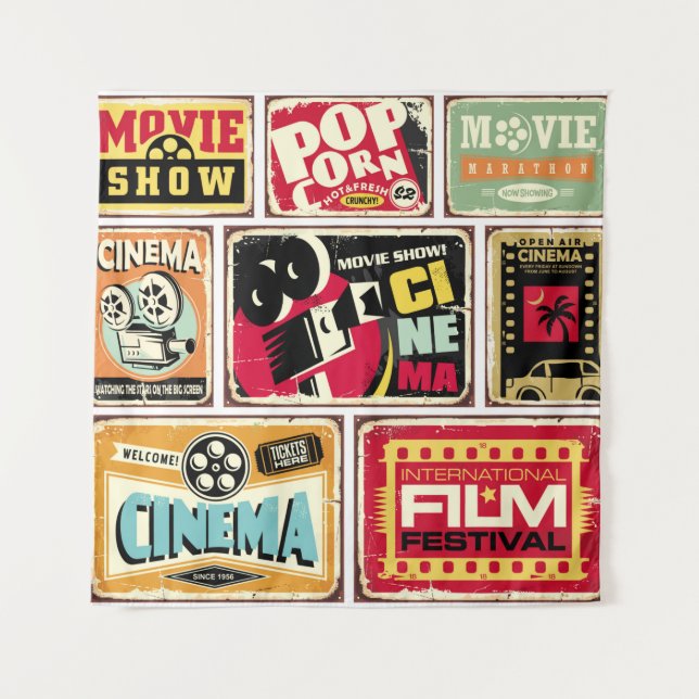 Vintage cinema tin signs collection. Movie industr Tapestry (Front)