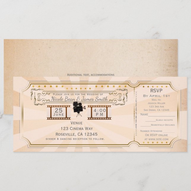 Vintage Cinema Wedding Ticket Invitation & rsvp (Front/Back)