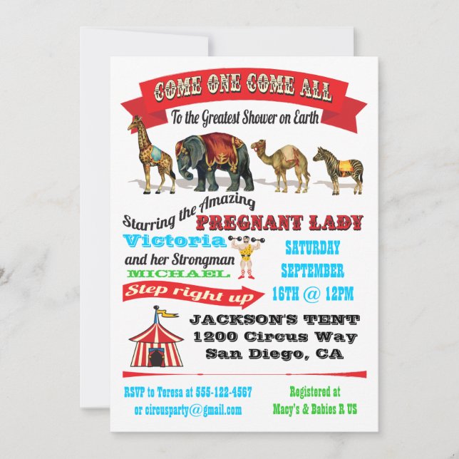 Vintage Circus Animals Baby Shower Invitations (Front)