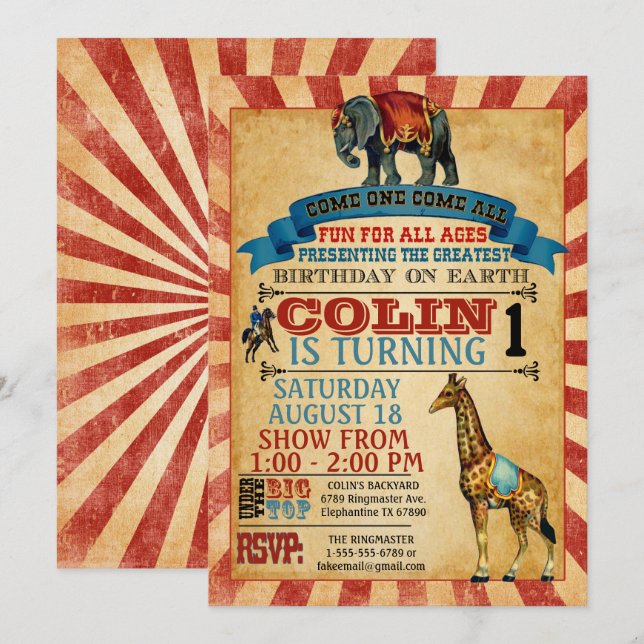 Vintage Circus Birthday Party  Invitation (Front/Back)